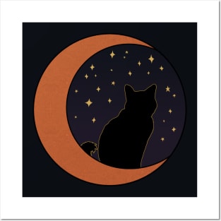 Black Cat and Rose Gold Crescent Moon Posters and Art